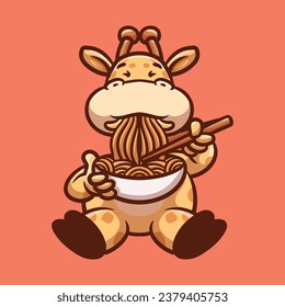 Girrafe Eat Noocle Creative Cartoon Illustration