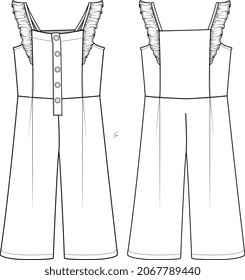 GIRS AND WOMEN KNIT TOPS AND DUNGAREE DRESS FLAT SKETCH VECTOR