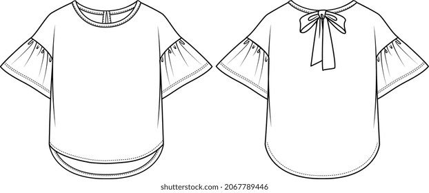 GIRS AND WOMEN KNIT TOPS AND DUNGAREE DRESS FLAT SKETCH VECTOR