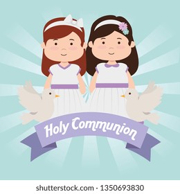 girsl with dress and doves to first communion