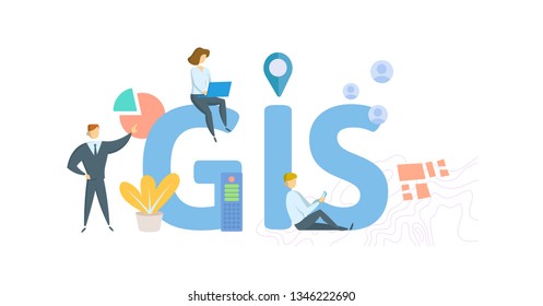 GIS, Geographic Information System. Concept With People, Letters And Icons. Colored Flat Vector Illustration. Isolated On White Background.