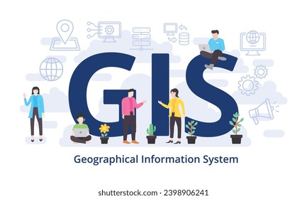 GIS - Geographical Information System concept with big word text acronym and team people in modern flat style vector illustration