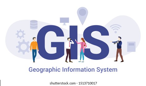 Gis Geographical Information System Technology Concept With Big Word Or Text And Team People With Modern Flat Style - Vector