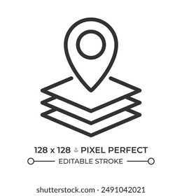 GIS pixel perfect linear icon. Geographic information system. Remote sensing. Gps tracking, information technology. Thin line illustration. Contour symbol. Vector outline drawing. Editable stroke