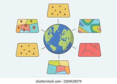 GIS Spatial Data Layers Concept For Business Analysis. Geographic Information System. Vector Illustration.