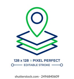 GIS two color line icon. Geographic information system. Remote sensing. Gps tracking, information technology bicolor outline symbol. Duotone linear pictogram. Isolated illustration. Editable stroke