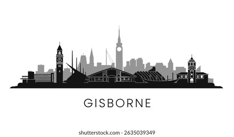 Gisborne New Zealand Skyline with Black Silhouette.