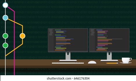 Git Code Repository Concept Illustration With 3 Monitor Code Program