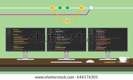 git code repository concept illustration with 3 monitor code program