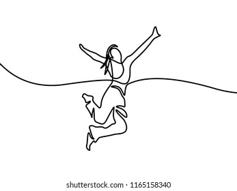 Gitl jumping for happy. Continuous line drawing. Vector illustration.