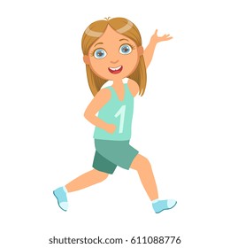 Gitl running in blue top with number one, a colorful character