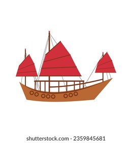 Giunca is a traditional Chinese sailing vessel for sailing along rivers and near seashores. Boat with red sails isolated on a white background. Vector. 