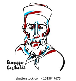 Giuseppe Garibaldi engraved vector portrait with ink contours. Italian general and nationalist. A republican, he contributed to the Italian unification and the creation of the Kingdom of Italy.
