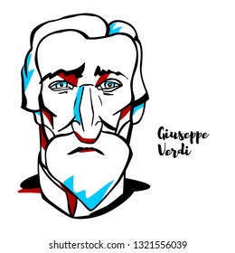 Giuseppe Verdi engraved vector portrait with ink contours. Italian opera composer.