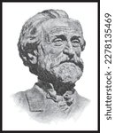 Giuseppe Verdi portrait bust pen sketch illustration. Italian composer. Poster, Wall Decoration, Postcard, Social Media Banner, Brochure Cover Design Background. Vector Pattern.