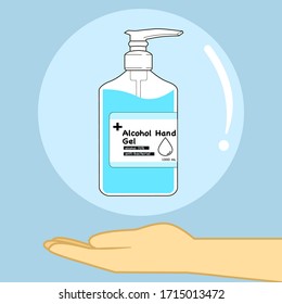 Give Alcohol Hand gel to you, receive hand gel. Protect you from covid19, corona virus and bacteria. Flat design, vector illustration 