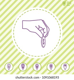 give alms or corruption line vector icon on a flat design style. Hand giving cent illustration