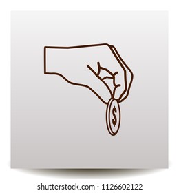 give alms or corruption line vector icon on a flat design style on a realistic paper background with shadow. Hand giving cent illustration