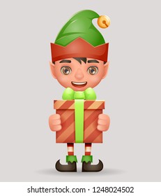 Give away bestow gift box christmas elf boy santa claus helper new year cartoon 3d character design vector illustration