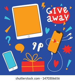 Give away graphic design elements, handdrawn doodle elements,  for bloggers and social media networks, smartphone, tablet and gift box illustrations in modern trendy sketchy style.
