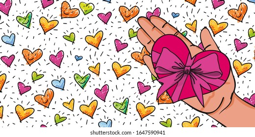 Give away his heart - Hand with decorative red-pink heart shaped present with big ribbon and hearts in the background- hand-drawn vector illustration for banners, cards