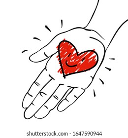 Give away his heart - Hand with decorative red-pink heart- hand-drawn vector illustration for banners, cards
