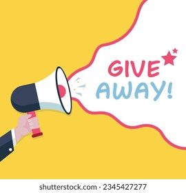 Give Away - Male hand holding megaphone. Loudspeaker. Banner for business, marketing and advertising. Vector illustration