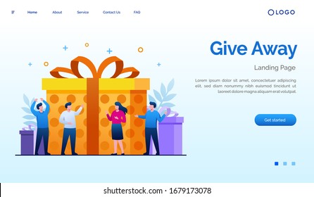 Give away. people with big gift landing page website illustration flat vector template eps