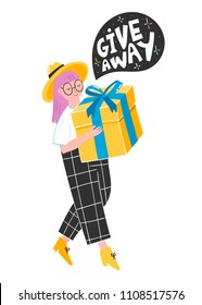 Give away present. Cute young lady with a box. Colored vector illustration 