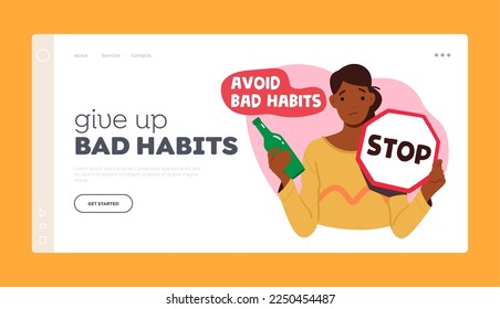 Give Up Bad Habits Landing Page Template. Woman Holding Stop Sign and Alcohol Bottle. Health Care, Immunity Boost Concept with Fit Healthy Girl Character. Cartoon People Vector Illustration