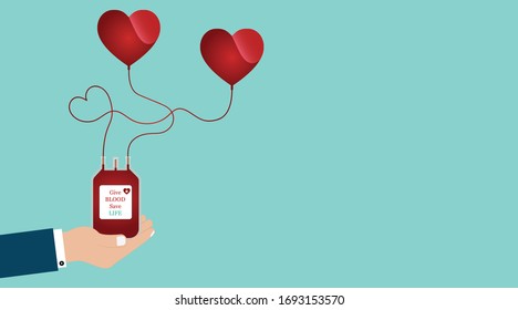 
Give blood save life, Vector illustration of Hand holding blood donation bag with heart on green background, Blood donation day concept