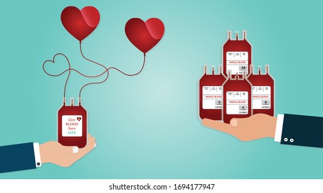 Give blood save life, Vector illustration of Hand holding blood donation bag with heart on green background, Blood donation day concept