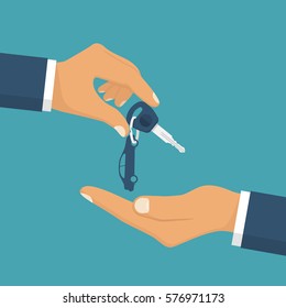 Give the car key. Take auto key.  Buy, rent a vehicle. Vector illustration flat design. Isolated on background. Car pass deal.