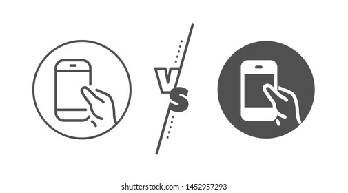 Give Cellphone or Phone sign. Versus concept. Hold Smartphone icon. Ð¡ommunication Mobile device symbol. Line vs classic hold Smartphone icon. Vector