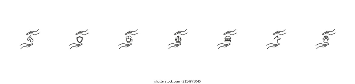 Give, charity, present concept. Modern monochrome outline signs drawn in flat style. Line icon set with icons of drops, armor, camera, scales, burger, dog, paw between outstretched hands