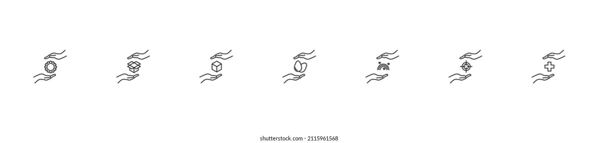 Give, charity, present concept. Modern monochrome outline signs drawn in flat style. Line icon set with icons of cogwheel, box, cube, eggs, rainbow, target, plus between outstretched hands