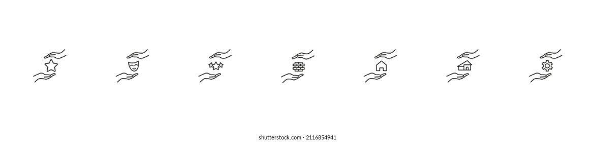 Give, charity, present concept. Modern monochrome outline signs drawn in flat style. Line icon set with icons of star, theatrical mask, wall, house, gear, cogwheel between outstretched hands 