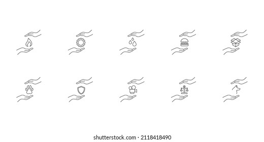 Give, charity, present concept. Modern monochrome outline signs drawn in flat style. Line icon set with icons of flame, cogwheel, water, burger, armor, scales, dog between outstretched hands