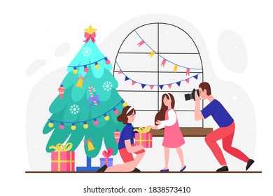 Give Christmas gift vector illustration. Cartoon flat family people spend happy Christmas eve time together, mother character giving Xmas present, gift surprise box to daughter isolated on white