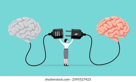 give education, Provide education for human, Obtain knowledge and skills, Mentor and intern, coach and trainee, woman connect plug with stupid brain to smart brain concept vector illustration