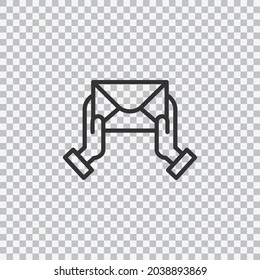 Proporcionar un icono de contorno aislado en un fondo transparente. Dos manos sostienen un sobre. Vector.