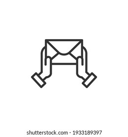 Give envelope outline icon. Two hands are holding an envelope. Vector illustration.