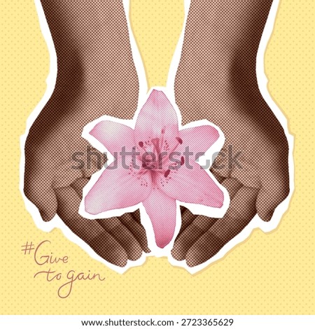 Give to gain concept with human hands holding a flower. Collage with halftone cupped hands and lily flower. Vector illustration