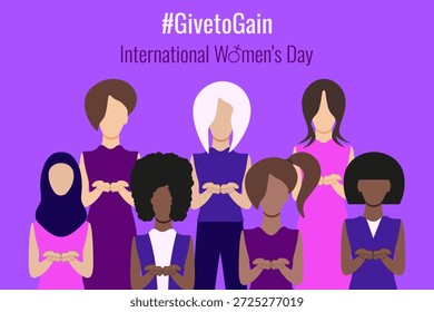 Dar a Ganhar design de modelo de banner horizontal. Diferentes raças de mulheres com slogan de 2026 Dia Internacional da Mulher. Banner IWD em estilo simples. Ilustração de vetor mínima para a Web. EPS 10