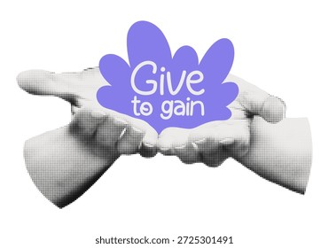 Give To Gain IWD 2026 theme concept with open palms giving gesture for solidarity. International Women's day sticker, clip art with cut out halftone collage hands and doodle shape. Vector illustration