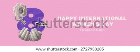 Give To Gain IWD 2026 theme concept with open palms holding big crumpled paper number. International Women s day banner template with sticker, clipart with cutout halftone collage hands. Vector