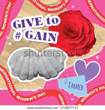 Give to gain, Women's day creative collage, action 2026, march, square banner, flyer, poster,  vector illustration