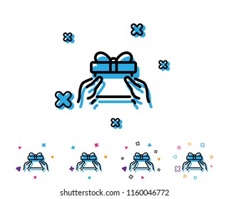 Give a Gift box line icon. Present or Sale sign. Birthday Shopping symbol. Package in Gift Wrap. Line icon with geometric elements. Bright colourful design. Vector