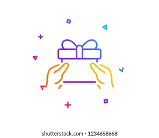 Give a Gift box line icon. Present or Sale sign. Birthday Shopping symbol. Package in Gift Wrap. Gradient line button. Give present icon design. Colorful geometric shapes. Vector