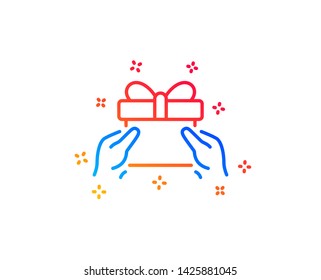 Give a Gift box line icon. Present or Sale sign. Birthday Shopping symbol. Package in Gift Wrap. Gradient design elements. Linear give present icon. Random shapes. Vector